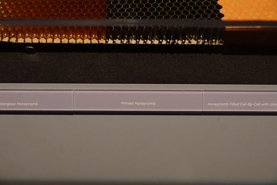 Sign accompanying Apollo Heat Shield Manufacturing Model primed honeycomb at Destination Moon