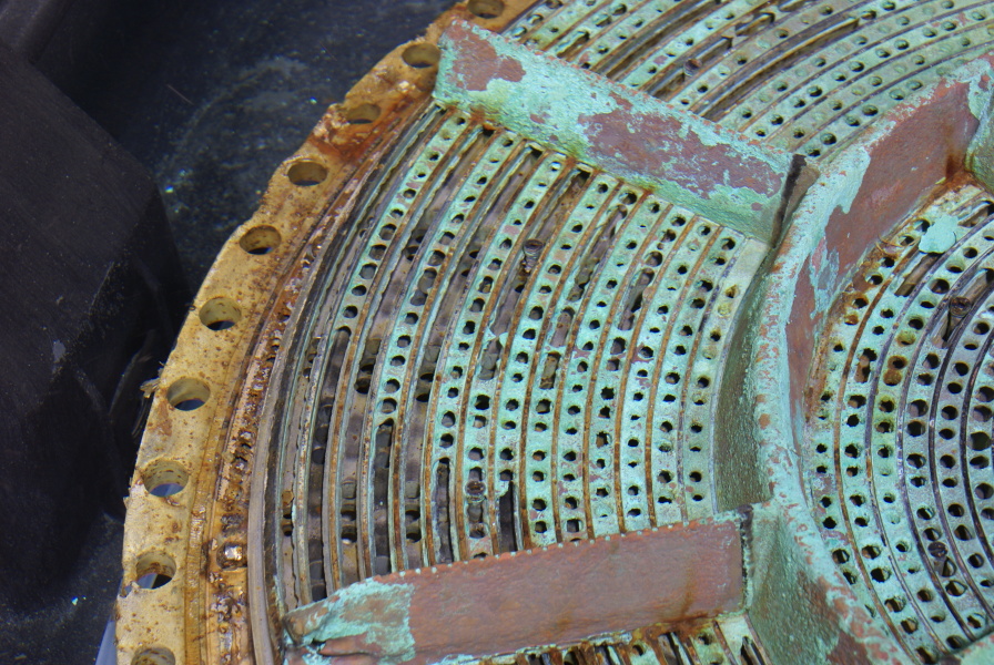 Fuel and oxidizer LOX rings and injection holes on Jeff Bezos recovered F-1 Apollo 11 rocket engine injector plates
