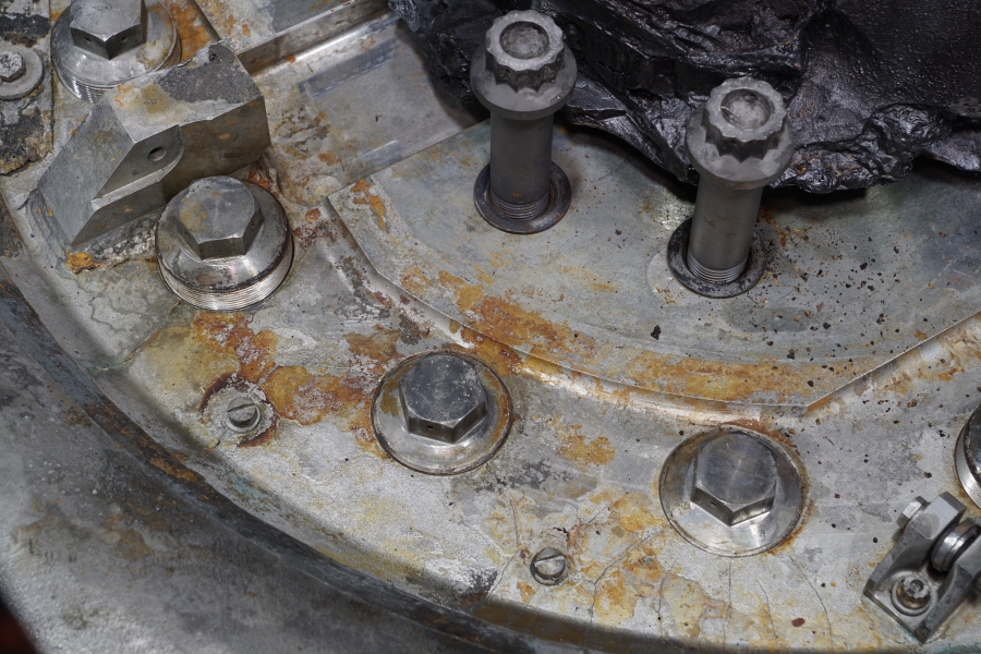 Gimbal bearing bolts and dome sealing plugs on the LOX dome from one of the Jeff Bezos recovered F-1 Apollo 11 rocket engines