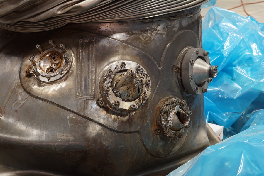 Heat exchanger inlet and outlet ports on Jeff Bezos recovered F-1 Apollo 11 rocket engines