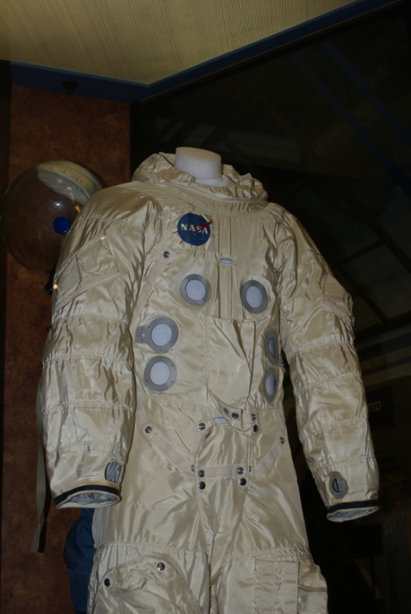 Front of Apollo A7L Suit integrated thermal micrometeoroid garment (ITMG) torso at Franklin Institute