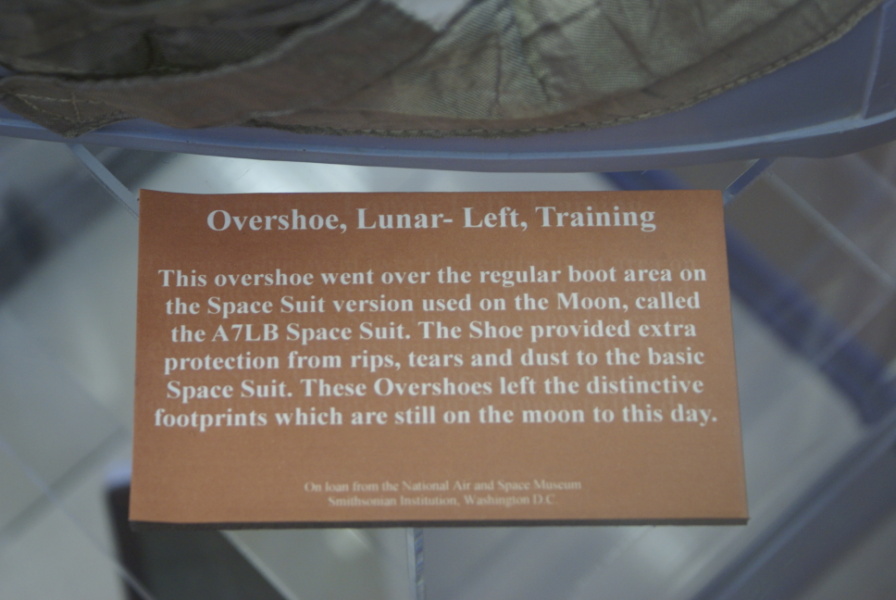 Sign accompanying Apollo A7LB Suit Lunar Boot at Frontiers of Flight