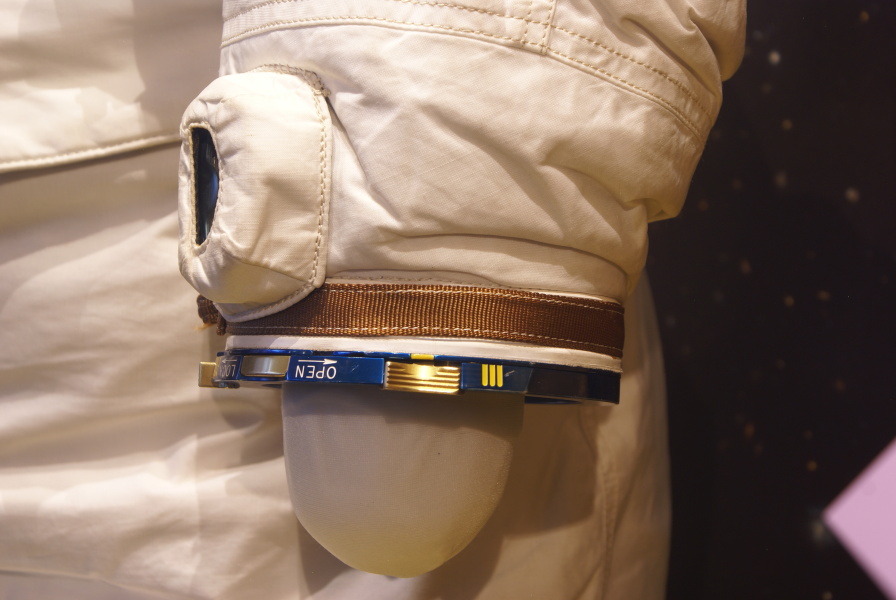 Pressure gauge on left arm of Weitz Suit at Great Lakes Science Center