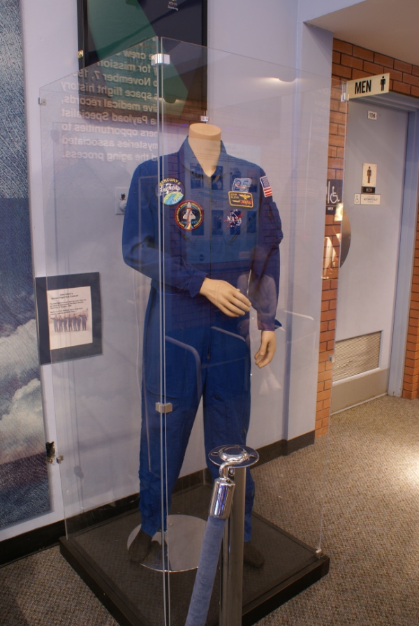 John Glenn's STS-95 flight suit coverall in Glenn Research Center visitor center lobby