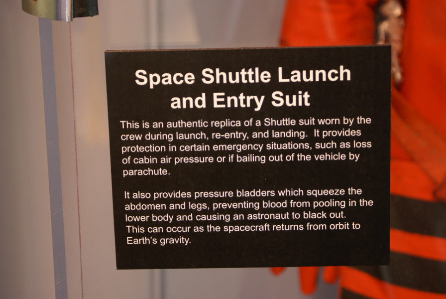 Sign accompanying Shuttle Launch Entry Suit replica in Glenn Research Center visitor center lobby