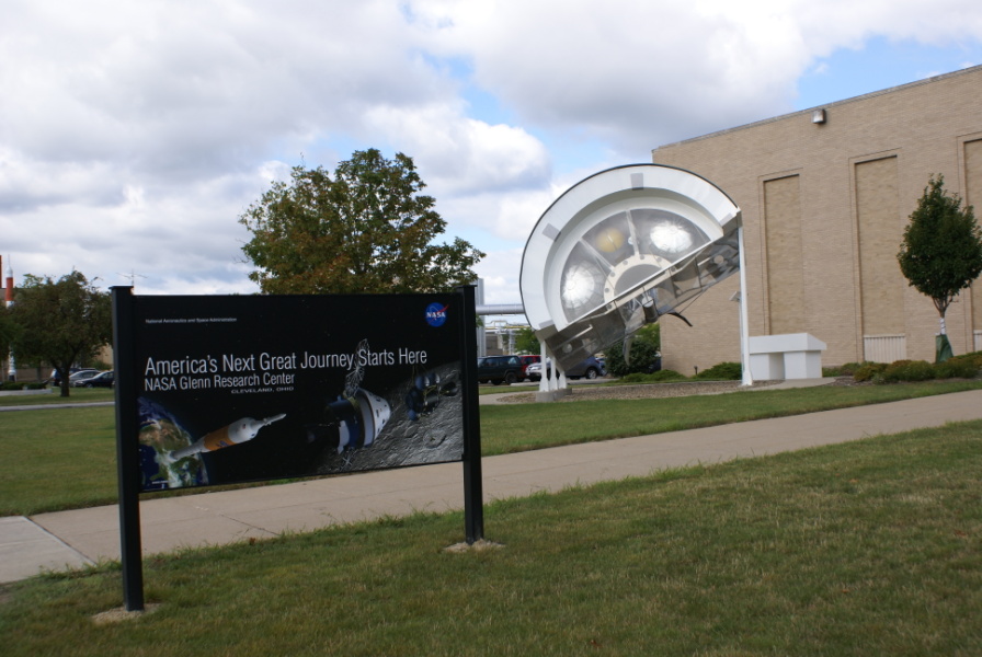 Orion Service Module Mockup outside an administration building at Glenn Research Center