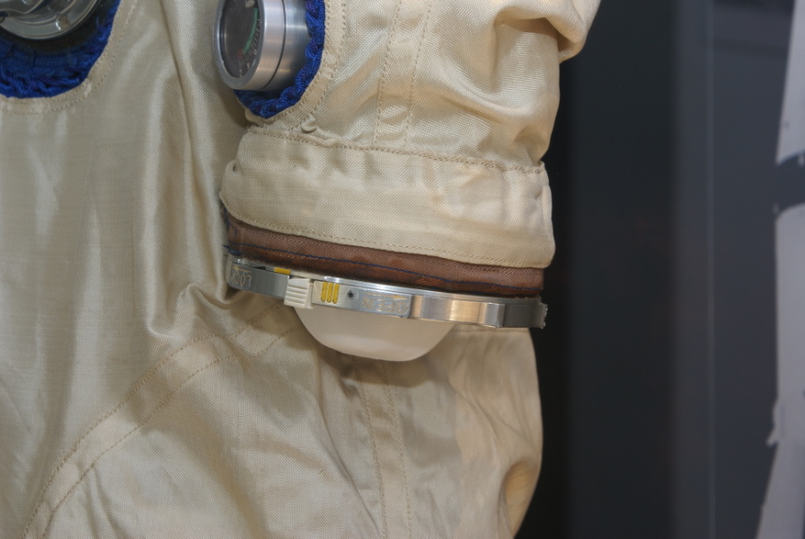 Left (silver-blue) wrist disconnect on Grissom's Gemini 3 Suit at Mitchell Indiana