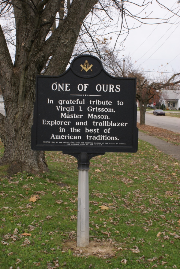 "One of Ours" masons sign near Gus Grissom Monument in Mitchell Indiana