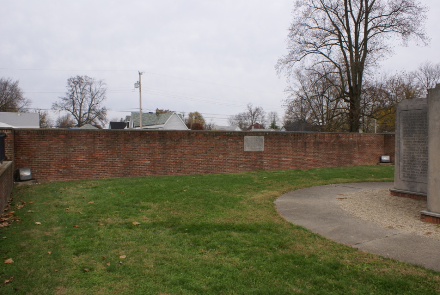 Wall at Grissom Monument in Mitchell Indiana built of bricks from Riley School