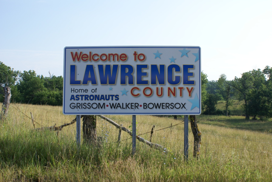 Welcome to Lawrence County, home of astronauts Gus Grissom, Charles Walker, and Ken Bowersox sign near Mitchell Indiana
