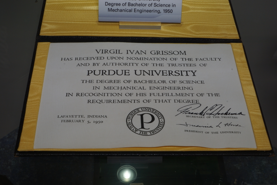Gus Grissom's Purdue University diploma mechanical engineering degree at the Grissom Memorial in Purdue Artifacts