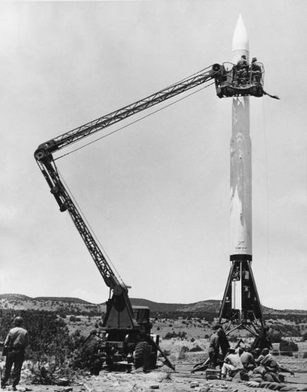 Preparing a Corporal E missile for launch at White Sands Proving Grounds