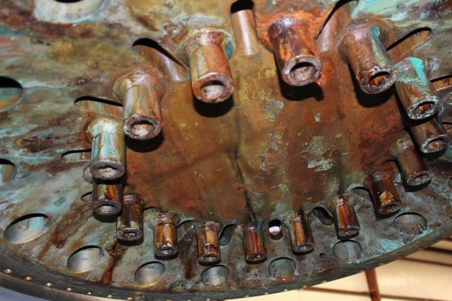Recovered F-1 rocket engine LOX dome aft face