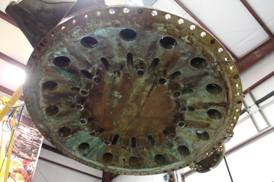Recovered F-1 rocket engine LOX dome aft face