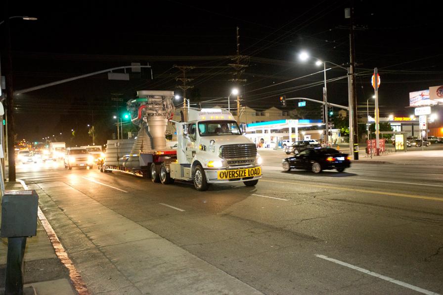 F-1 rocket engine EM-1 (Engineering Mockup 1) during its move from the
    old Rocketdyne headquarters in Canoga Park the De Soto Ave facility