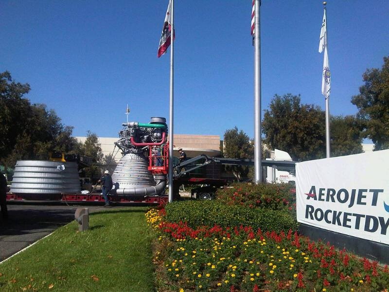 F-1 rocket engine EM-1 (Engineering Mockup 1), loaded onto flatbed
    truck at Rocketdyne headquarters in Canoga Park, prior to its move to the
    De Soto Ave facility