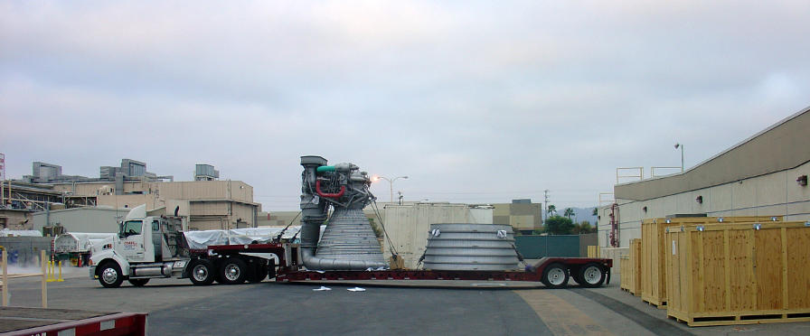 F-1 rocket engine EM-1 (Engineering Mockup 1) outside Rocketdyne
    headquarters in Canoga Park, ready to be moved to the De Soto Ave facility