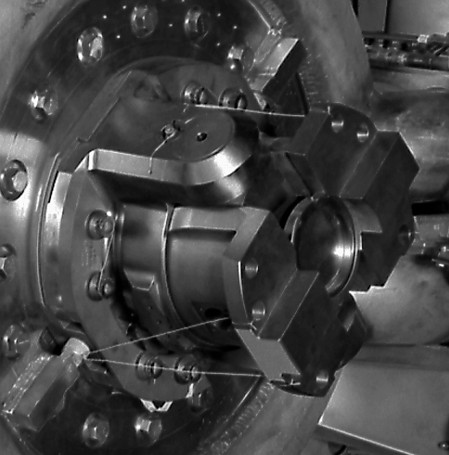 F-1 rocket engine with gimbal bearing stabilized with cables