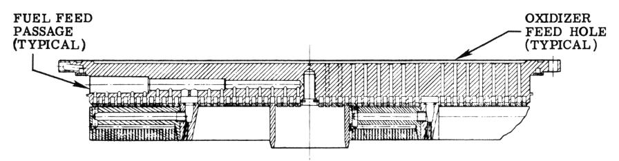 F-1 rocket engine injector cut-away fuel feed passages oxidizer lox dome