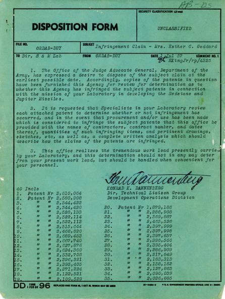 Esther Goddard patent infringement DD96 disposition form