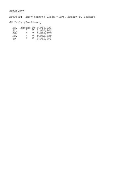 Esther Goddard patent infringement DD96 disposition form