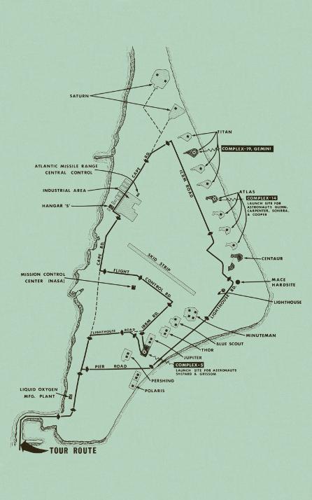 Back cover of Welcome to Cape Kennedy Air Force Station booklet, including map of Cape Canaveral Air Force Station of the Atlantic Missile Range, including Missile Row