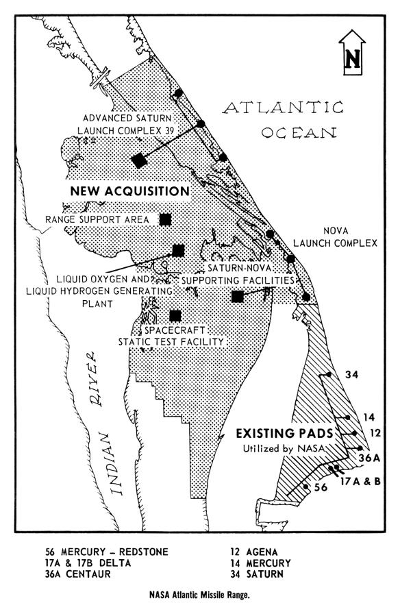 Early diagram of Launch Complex 39A, 39B, and 39C in 1961 (LC-39A,
	LC-39B, and LC-39C)