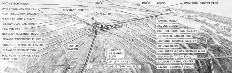 Crop from NASA photo S63-23618 showing Launch Complex 39A, 39B, and
	39C (LC-39A, LC-39B, and LC-39C) with what appears to be a crawlerway
	to Pad 39D (LC-39D)