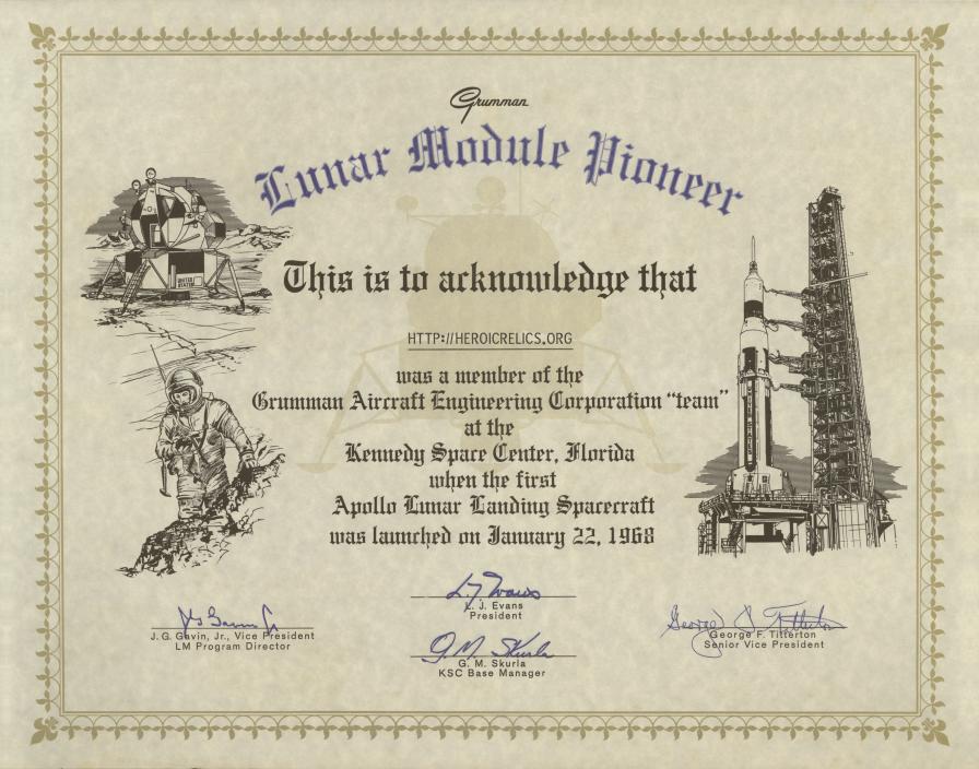Lunar Module LM-1 certificate of participation