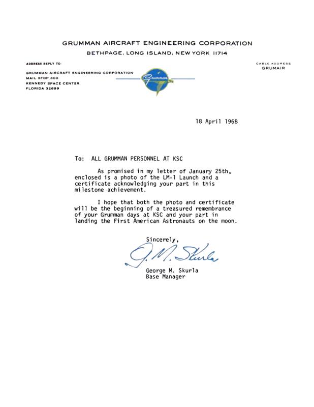 Lunar Module LM-1 certificate of participation presentation letter