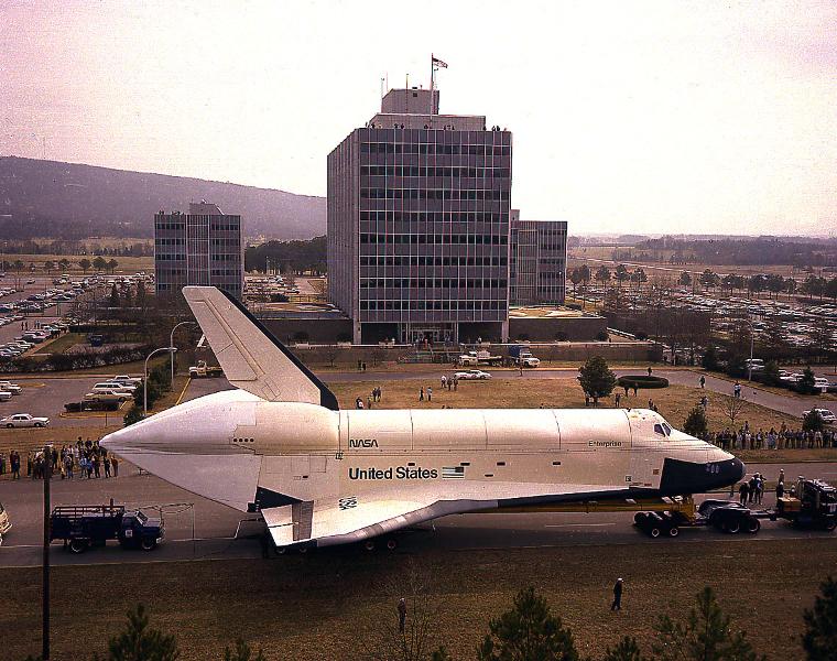 Space Shuttle Orbiter Enterprise in front of Marshall Space Flight
    Center Building 4200