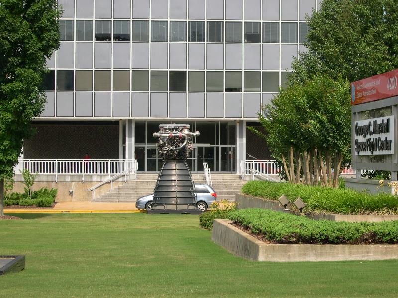 SSME in front of Marshall Space Flight Center Building 4200 circa 2004