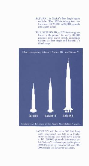 Marshall Space Flight Center MSFC Space Orientation Center booklet
	  page with chart of Saturn I, Saturn IB, Saturn V