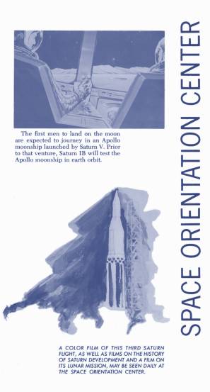 Marshall Space Flight Center MSFC Space Orientation Center booklet
	  page with artist conception of lunar landing and SA-3 launch