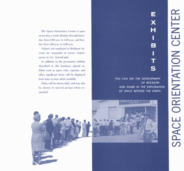 Marshall Space Flight Center MSFC Space Orientation Center booklet
	  page showing crowd standing in line