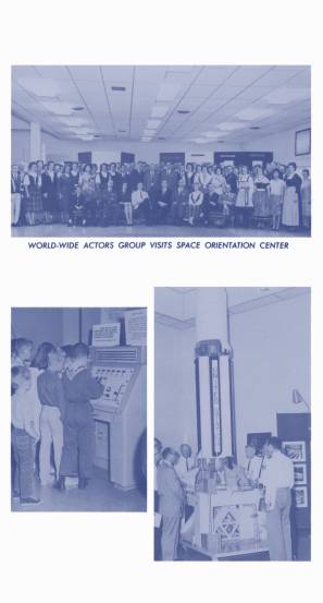 Marshall Space Flight Center MSFC Space Orientation Center booklet
	  page showing exhibits such as launch console and Saturn I Block I
	  model