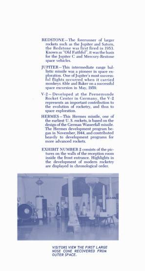 Marshall Space Flight Center MSFC Space Orientation Center booklet
	  page showing exhibits such as RL-10 engine and Juno II and Jupiter C
	  upper stages