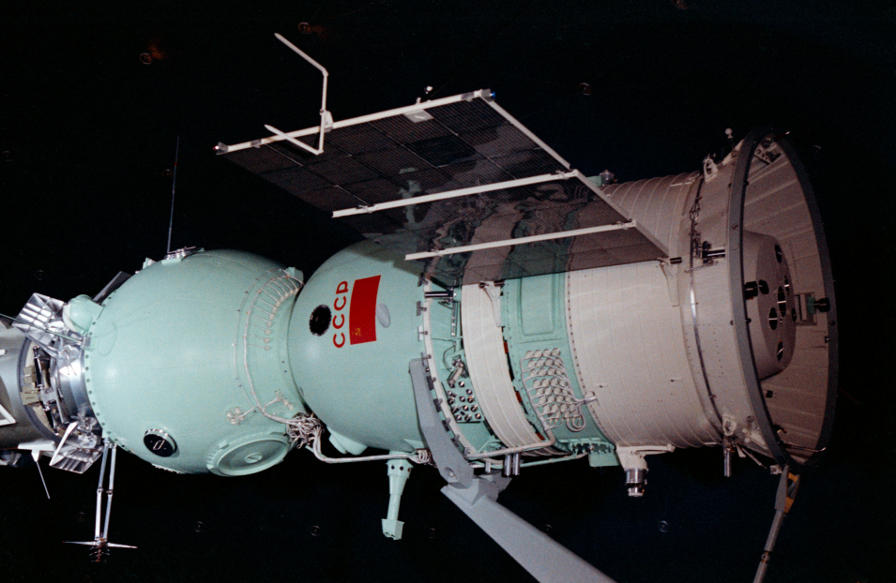 Soyuz from Apollo-Soyuz Test Project (ASTP) mockup at the Paris Air
	Show (NASA photo S73-27666)