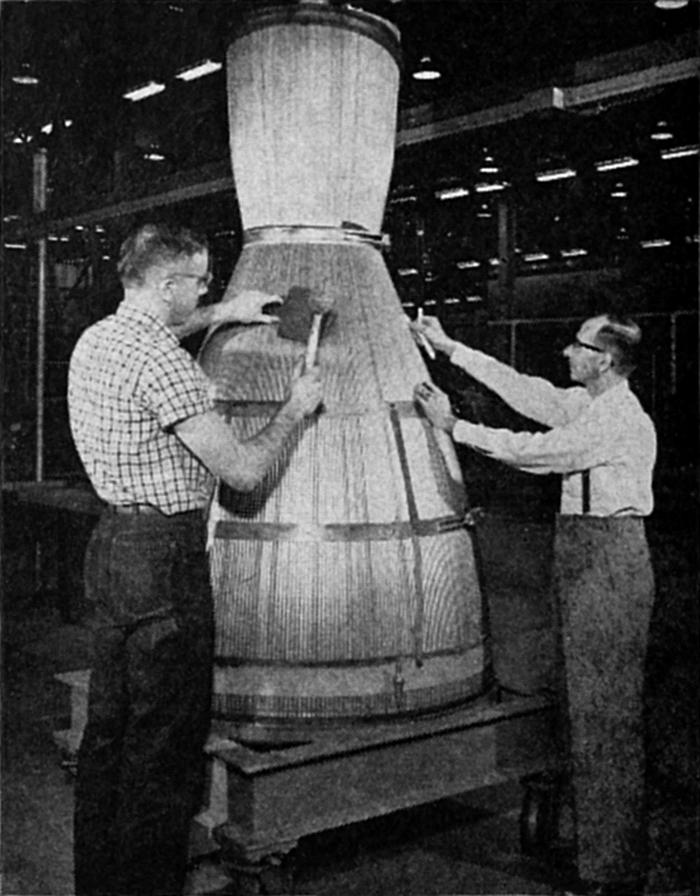 Thor, Jupiter, Atlas thrust chamber fabricated from nickel tubes and stacked in a mandrel at Rocketdyne Neosho Missouri
