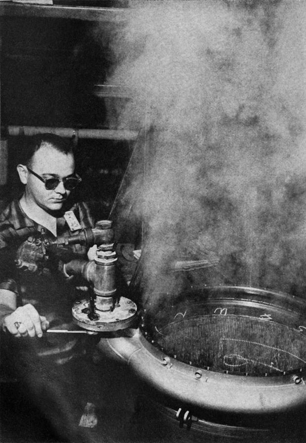 Atlas MA-3 rocket engine being steam cleaned at Rocketdyne Neosho Missouri