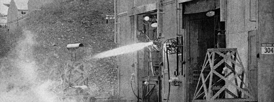 Test firing of LR-101 Atlas/Thor vernier rocket engine in Rocketdyne Neosho's test area