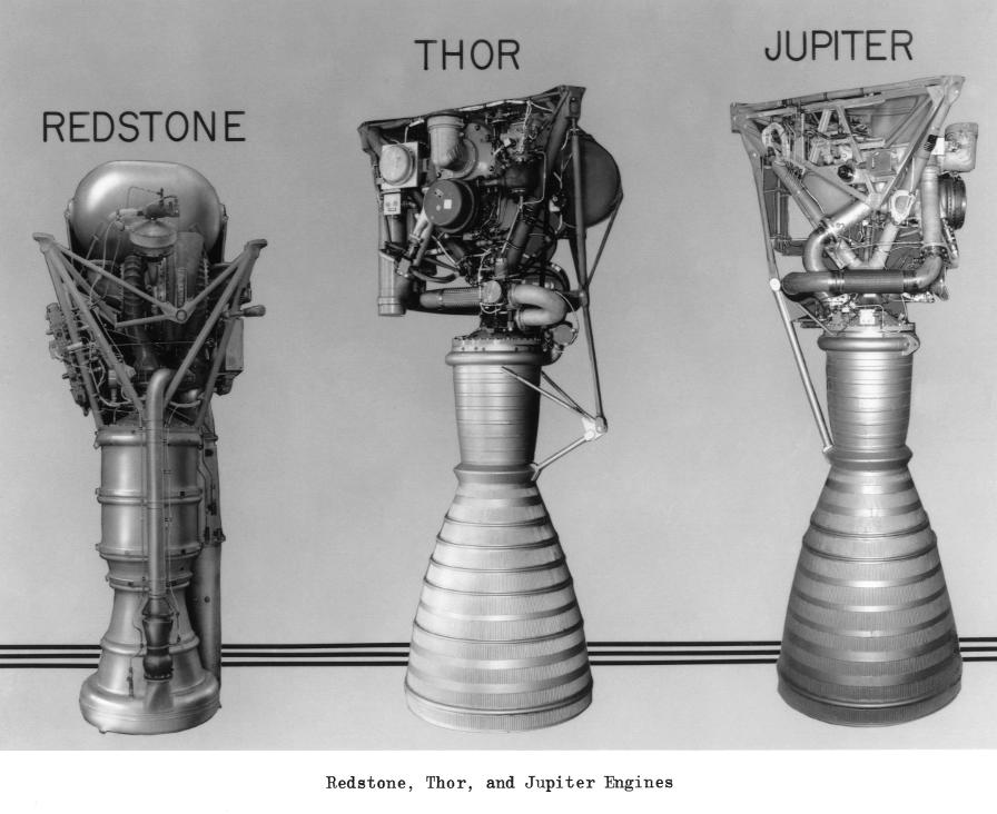 Missile engines: Redstone A-6, Thor MB-3, and Jupiter S-3D