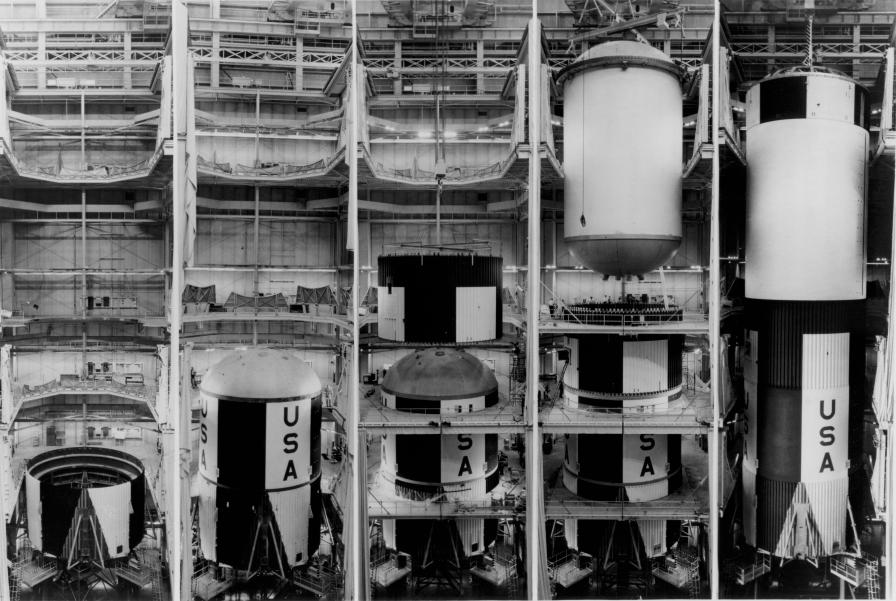 Saturn V S-IC assembly in Michoud Assembly Facility Vertical Assembly Building