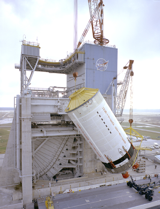 Saturn V S-II (Second) Stage at the Mississippi Test Facility,
	featuring its ground support equipment, including the stage erecting
	sling, forward hoisting frame, forward support ring, static firing
	skirt, and aft support ring