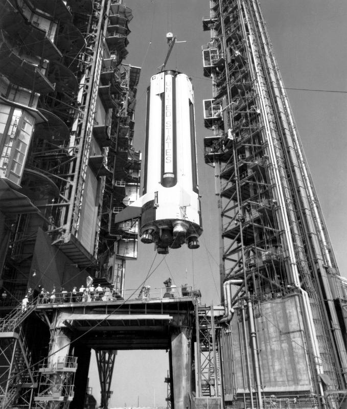 Saturn IB SA-204 AS-204 S-IB S-IB-4 first stage being erected