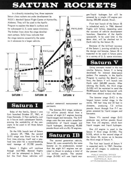 page from Saturn Engines Saturn Rockets fact sheet