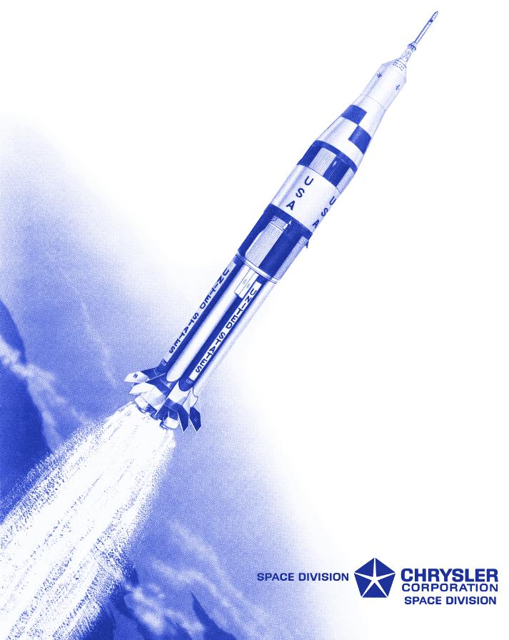 Drawing of Saturn IB in flight and Chrysler Corporation Space Division
    (CCSD) logo