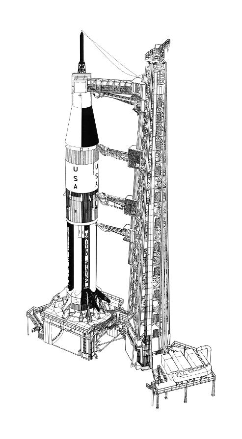 artist's rendition of Saturn IB on the launch pad