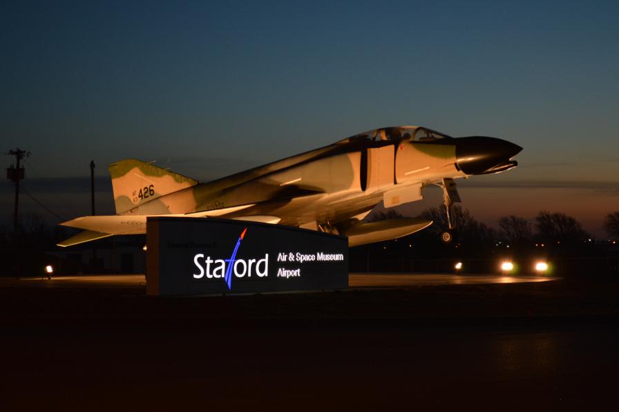 Night shot of F-4 Phantom II at Stafford Air and Space Museum