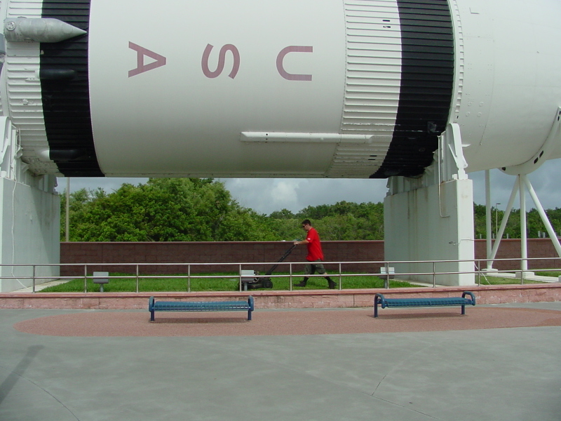Mowing the lawn under the Saturn IB S-IVB stage at Kennedy Space Center